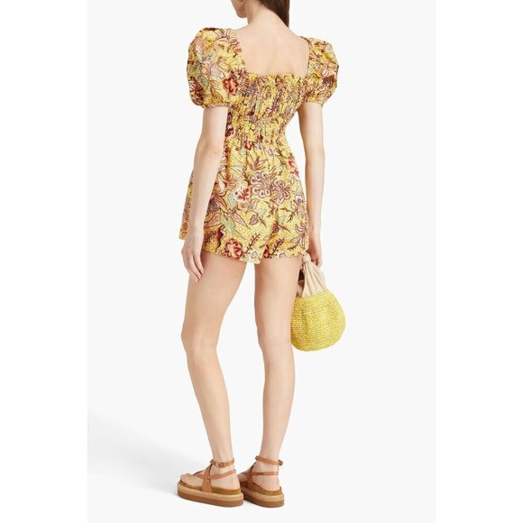 Ulla Johnson Arlo shirred printed cotton-poplin playsuit romper in marigold - Picture 2 of 9